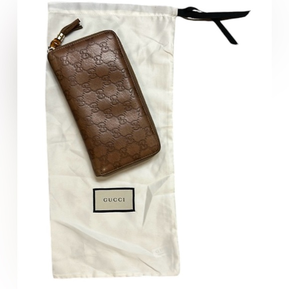 Gucci Brown Sima Bamboo & Tassel Zip Around Organizer Wallet w/ Gucci Bag & COA - Picture 1 of 16